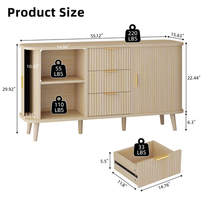 Laintene Sideboard with 3 Drawer, 55" Buffet Cabinet with 2 Sliding Tambour Doors, Modern Fluted Storage Cabinet for Kitchen, Living Room, Hallway, Natural Oak