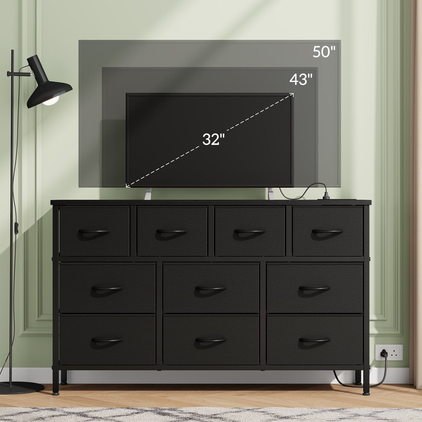 Laintene Dresser for Bedroom, TV Stand for 50" Long TV with Power Outlet, 10 Drawer Dresser for Closet, Fabric Chest of Drawers Entertainment Center for Living Room, Hallway, Entryway, PU Black