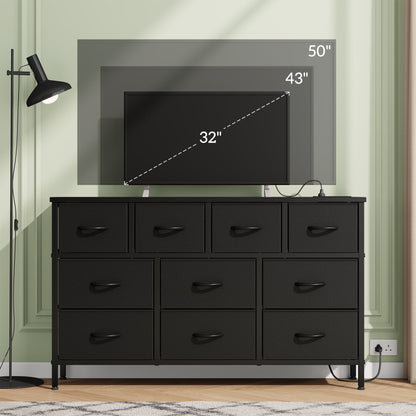 Laintene Dresser for Bedroom, TV Stand for 50" Long TV with Power Outlet, 10 Drawer Dresser for Closet, Fabric Chest of Drawers Entertainment Center for Living Room, Hallway, Entryway, PU Black