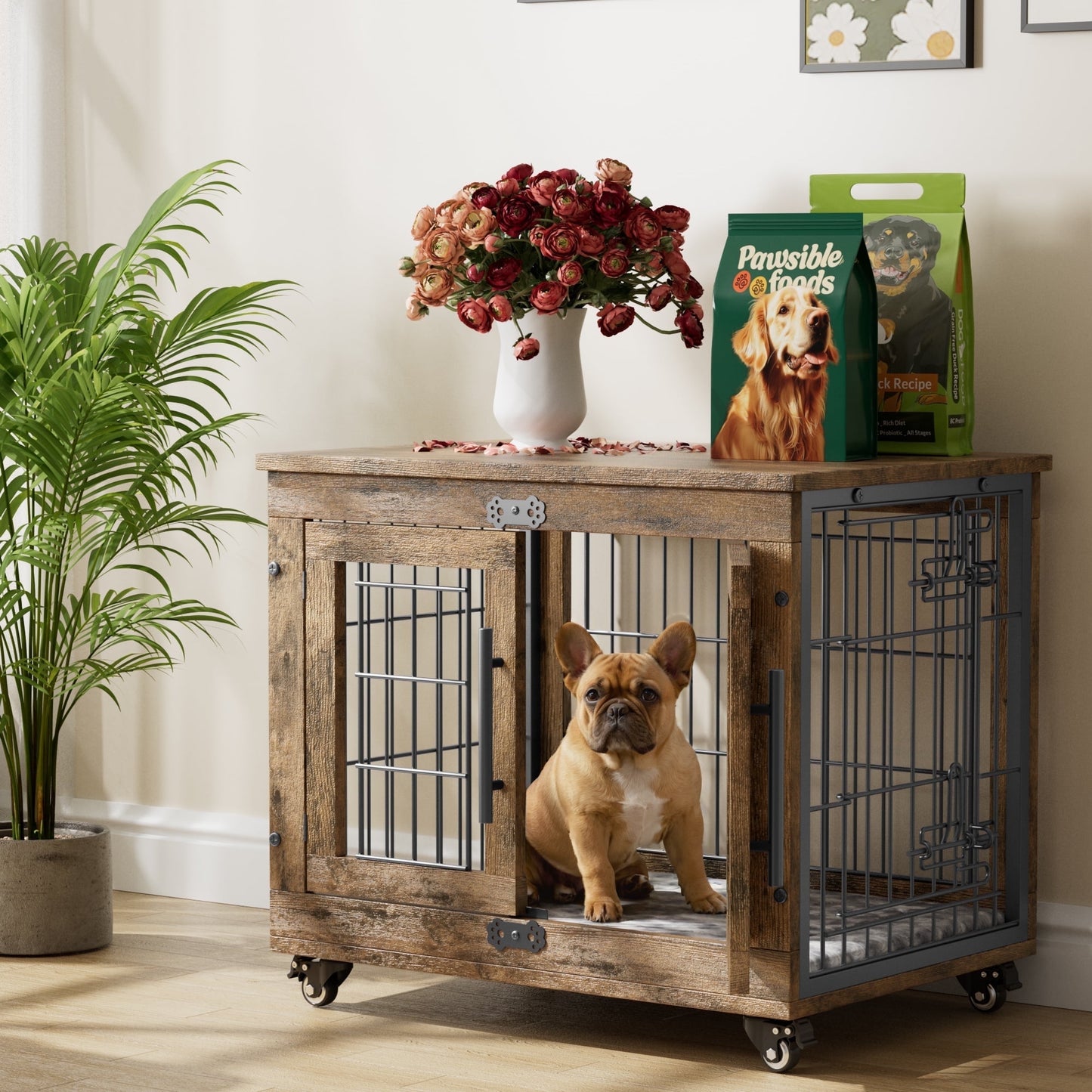 LainTene Wooden Dog Crate Furniture, Double Doors Dog Kennels for Inside with Pads and Wheels, Heavy Duty Dog Cage for Small Dogs, Brown