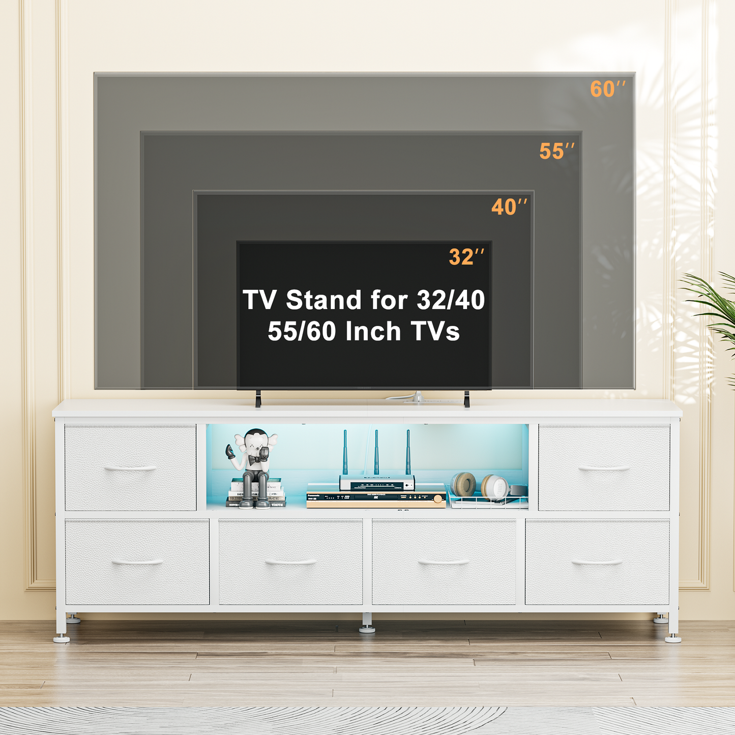 TV Stand Dresser with Power Outlets and LED Lights, 6 Drawer Console for 60 Inch TV, Dresser for Bedroom, Closet, Hallway