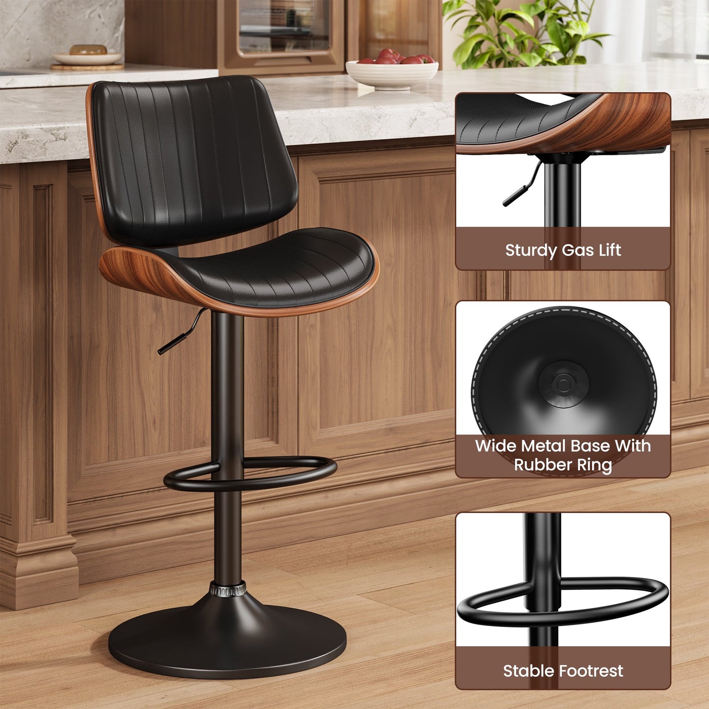 LainTene Set of 2 Swivel Bar Stools with Bentwood Back, Adjustable PU Leather Bar Chairs for Kitchen Island, Counter or Dining Room, Black