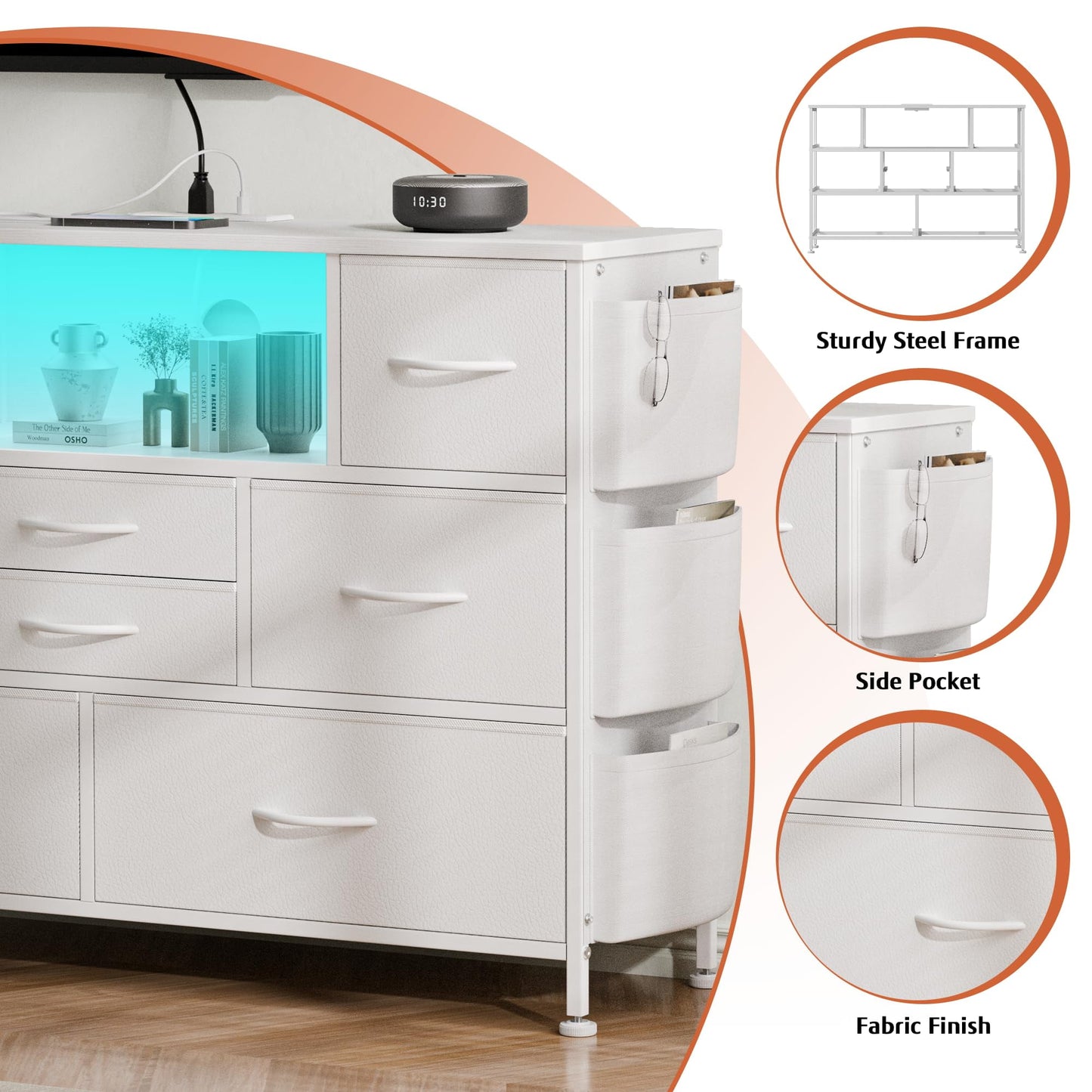 Laintene 8 Drawer Dresser, White Dresser with Power Outlets LED Lights, Fabric Dressers for Bedroom TV Stand with Side Pocket, Chest of Drawers for up to 50" TV