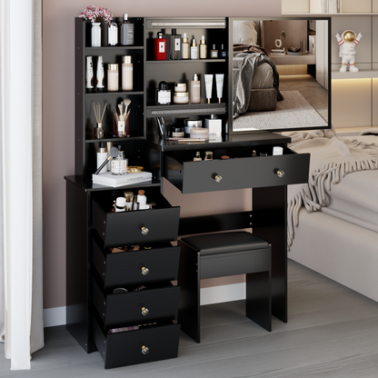 LainTene 37" Dressing Table Set with Sliding Mirror & Stool, Rustic Vanity Desk for Bedroom, Spacious Storage Drawers and Glass Top