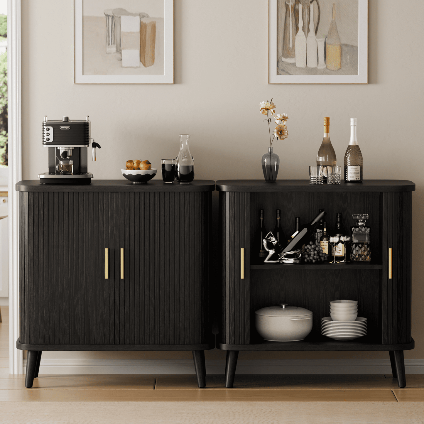 Laintene Sideboard Buffet Cabinet, Storage Cabinet with Sliding Door & Adjustable Shelf, Fluted Accent Coffee Bar for Kitchen, Entryway, Walnut Black