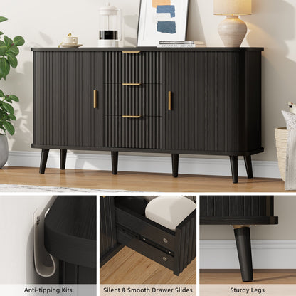 Laintene Sideboard with 3 Drawer, 55" Buffet Cabinet with 2 Sliding Tambour Doors, Modern Fluted Storage Cabinet for Kitchen, Living Room, Hallway, Black