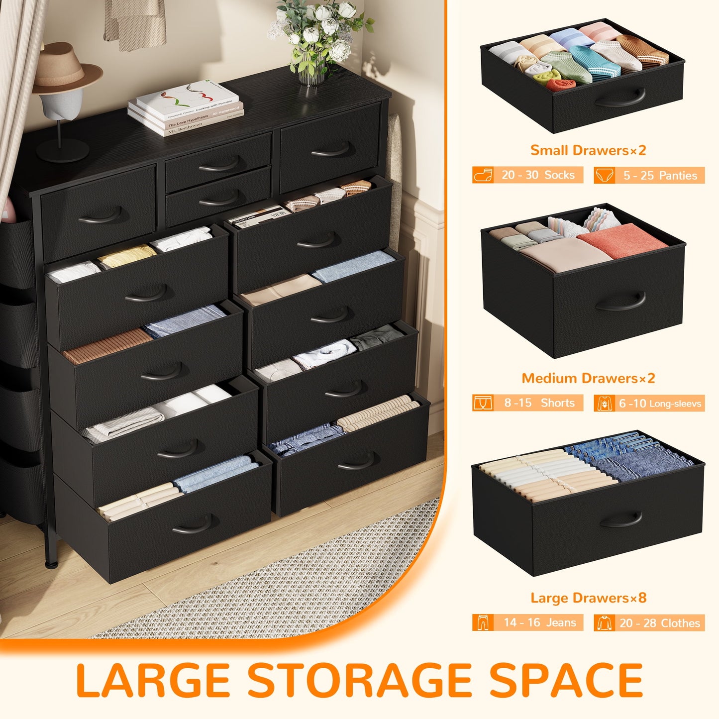 Dresser with 12 Fabric Drawer Stand Desktop Storage Cabinet for Bedroom Organization, Dorm, Front Hall Entryway, Black PU