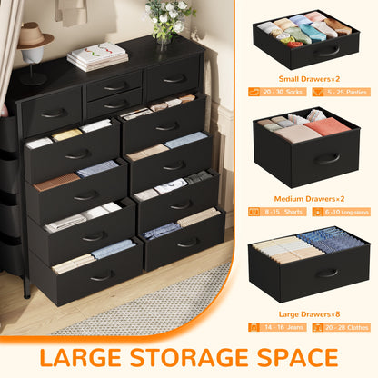 Dresser with 12 Fabric Drawer Stand Desktop Storage Cabinet for Bedroom Organization, Dorm, Front Hall Entryway, Black PU