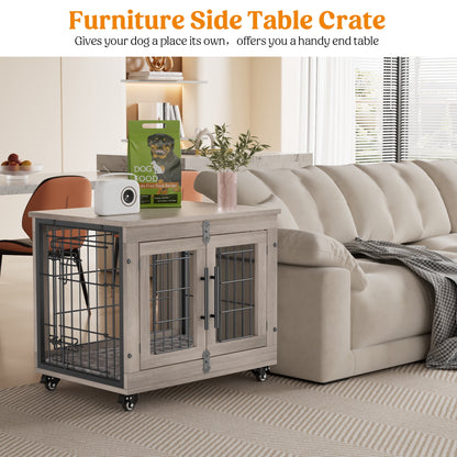 LainTene Wooden Dog Crate Furniture, Double Doors Dog Kennels for Inside with Pads and Wheels, Heavy Duty Dog Cage for Small Dogs, Gray