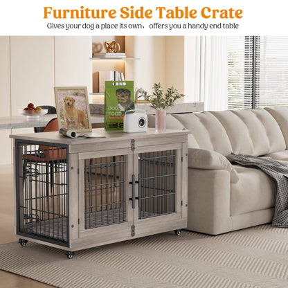 Laintene Dog Crate Furniture, Dog Kennels for Inside with Pads and Wheels, Heavy Duty Pet House for Medium to Large Dogs, Gray