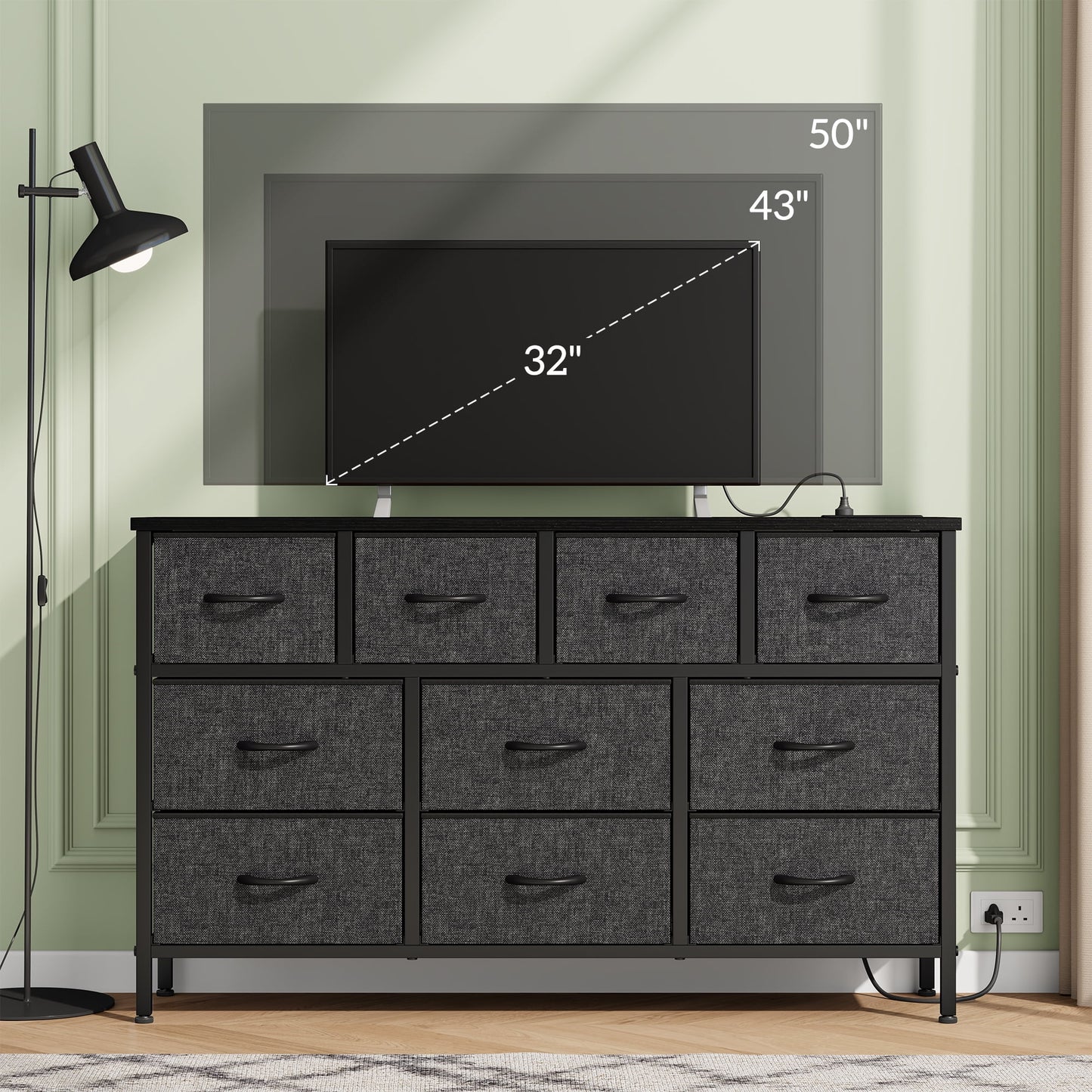 Laintene Dresser for Bedroom, TV Stand for 50" Long TV with Power Outlet, 10 Drawer Dresser for Closet, Fabric Chest of Drawers Entertainment Center for Living Room, Hallway, Entryway, Gray