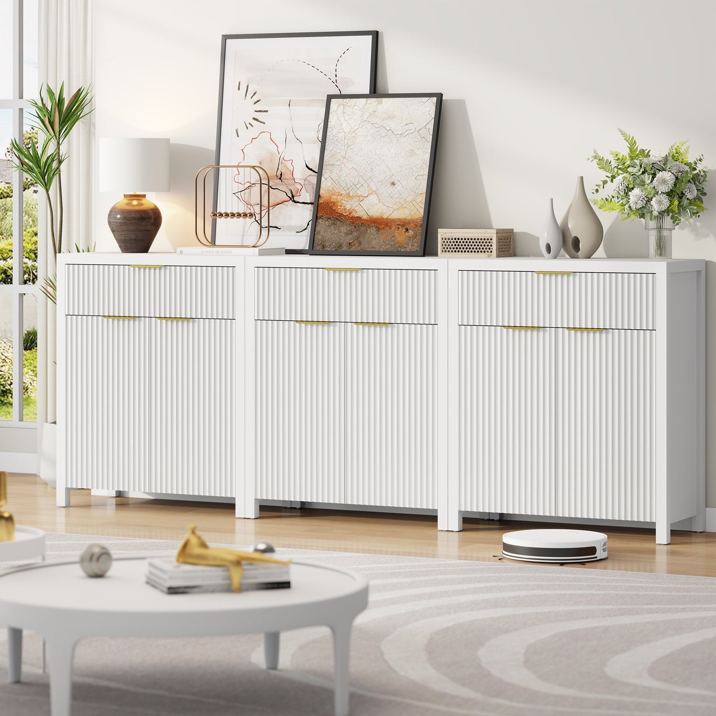 Laintene Storage Cabinet Set of 3, Sideboard Buffet Cabinet with Storage Drawer and Adjustable Shelf, 28" Wooden Accent Entryway TV Cabinet for Living Room, White