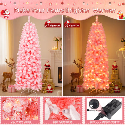 Laintene 6FT Pre-Lit Flocked Pencil Christmas Tree with 600 Tips & 200 Warm White LED Lights, Slim Artificial Xmas Tree for Small Spaces, Metal Stand, Pink