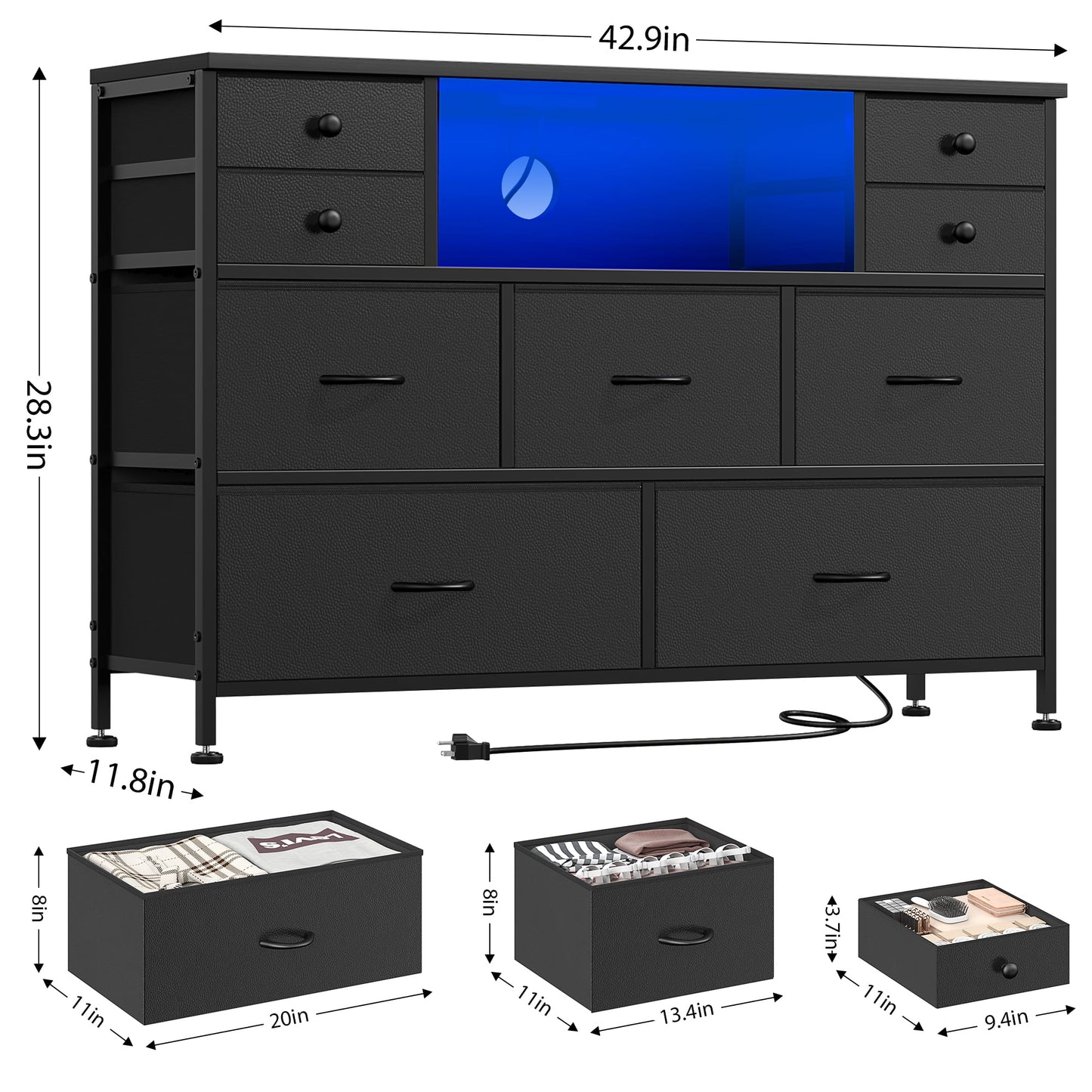 Laintene Bedroom Dresser with LED Lights, 9-Drawer Fabric Chest of Drawers, PU Black Dresser TV Stand with Power Outlet and Side Pocket, Wide Storage Unit for up to 50" TV