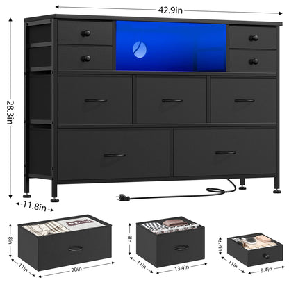 Laintene Bedroom Dresser with LED Lights, 9-Drawer Fabric Chest of Drawers, PU Black Dresser TV Stand with Power Outlet and Side Pocket, Wide Storage Unit for up to 50" TV