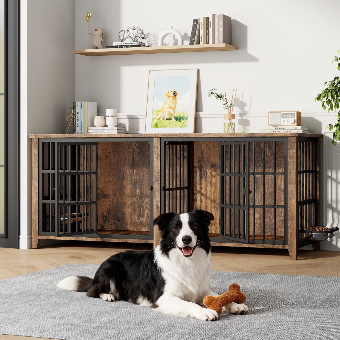 Laintene 78 Inch Dog Crate with Bowls, Heavy Duty Dog Crate Furniture for 2 Dogs, Indoor Wooden Dog Kennels for Large Dogs, Brown