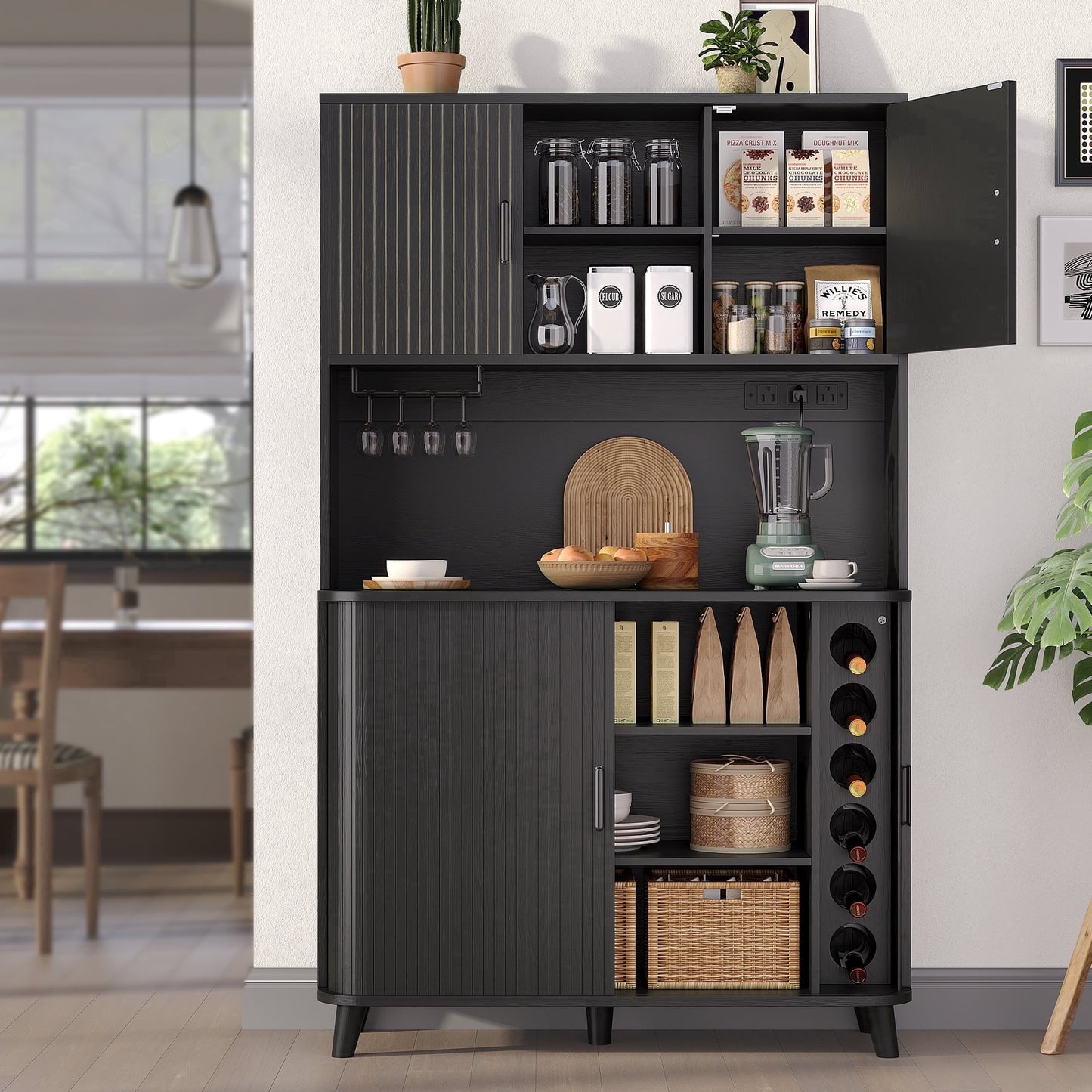 Laintene Kitchen Pantry Cabinet with Wine Rack, Storage Cabinet with Tambour Sliding Doors, Bar Cabinet with Glass Holder, Pantry Storage for Living Room, Kitchen, Entryway, Black