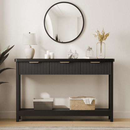 Laintene Fluted Console Table, 51" Narrow Entryway Table with 3 Drawers, Console Table Sofa Table with Storage Open Shelf, Modern Display Shelf for Hallway Living Room, Black