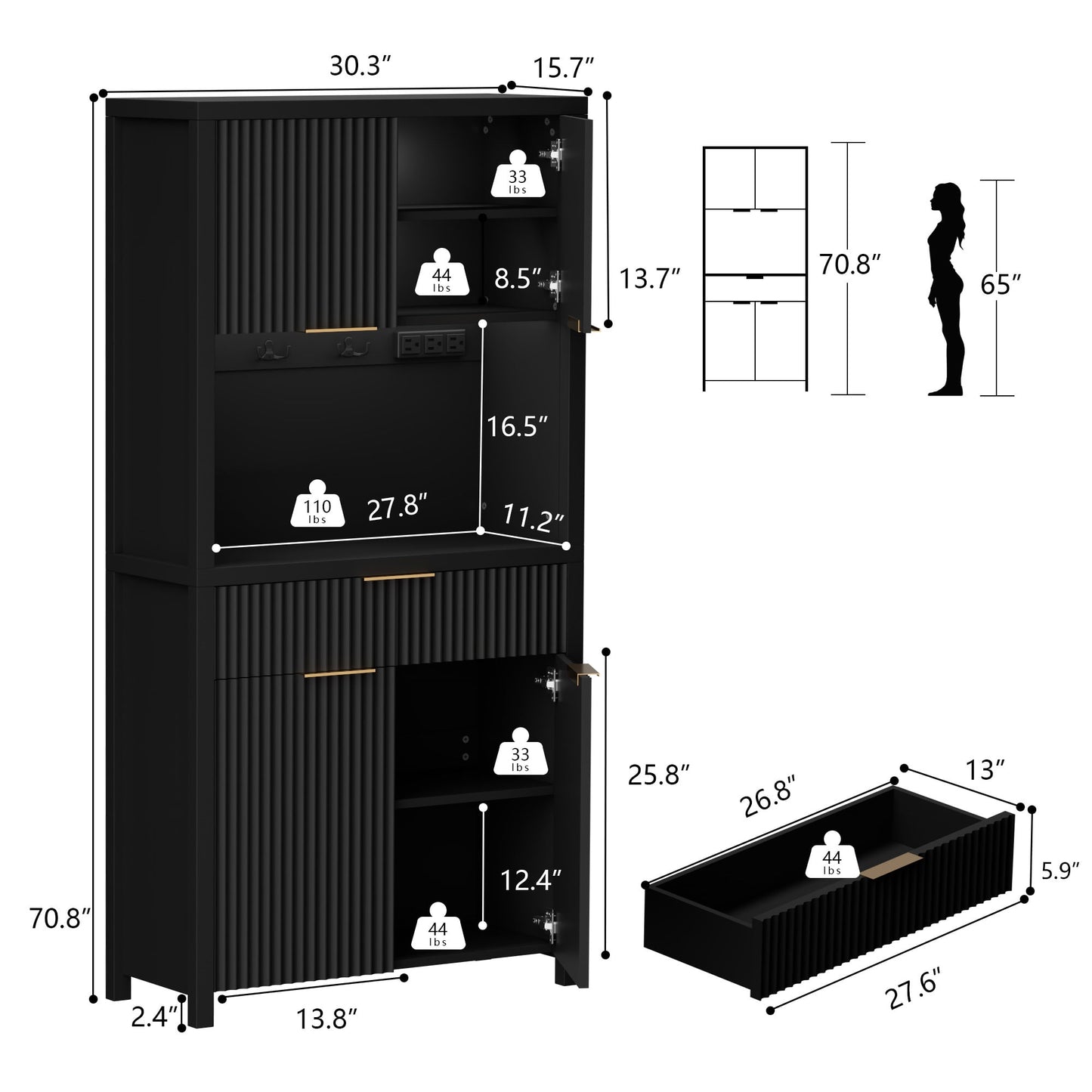 Laintene Pantry Storage Cabinet with Charging Station, Tall Kitchen Pantry with Microwave Shelves, Fluted Storage Cabinet with Open Countertop and Drawer for Dining Living Room, Black