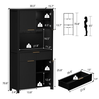 Laintene Pantry Storage Cabinet with Charging Station, Tall Kitchen Pantry with Microwave Shelves, Fluted Storage Cabinet with Open Countertop and Drawer for Dining Living Room, Black