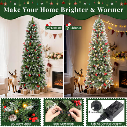Laintene 6FT Pre-Lit Slim Pencil Christmas Tree | 200 Warm White LED Lights, 600 Tips, 40 Pine Cones & 280 Red Berries, Hinged Design for Small Spaces