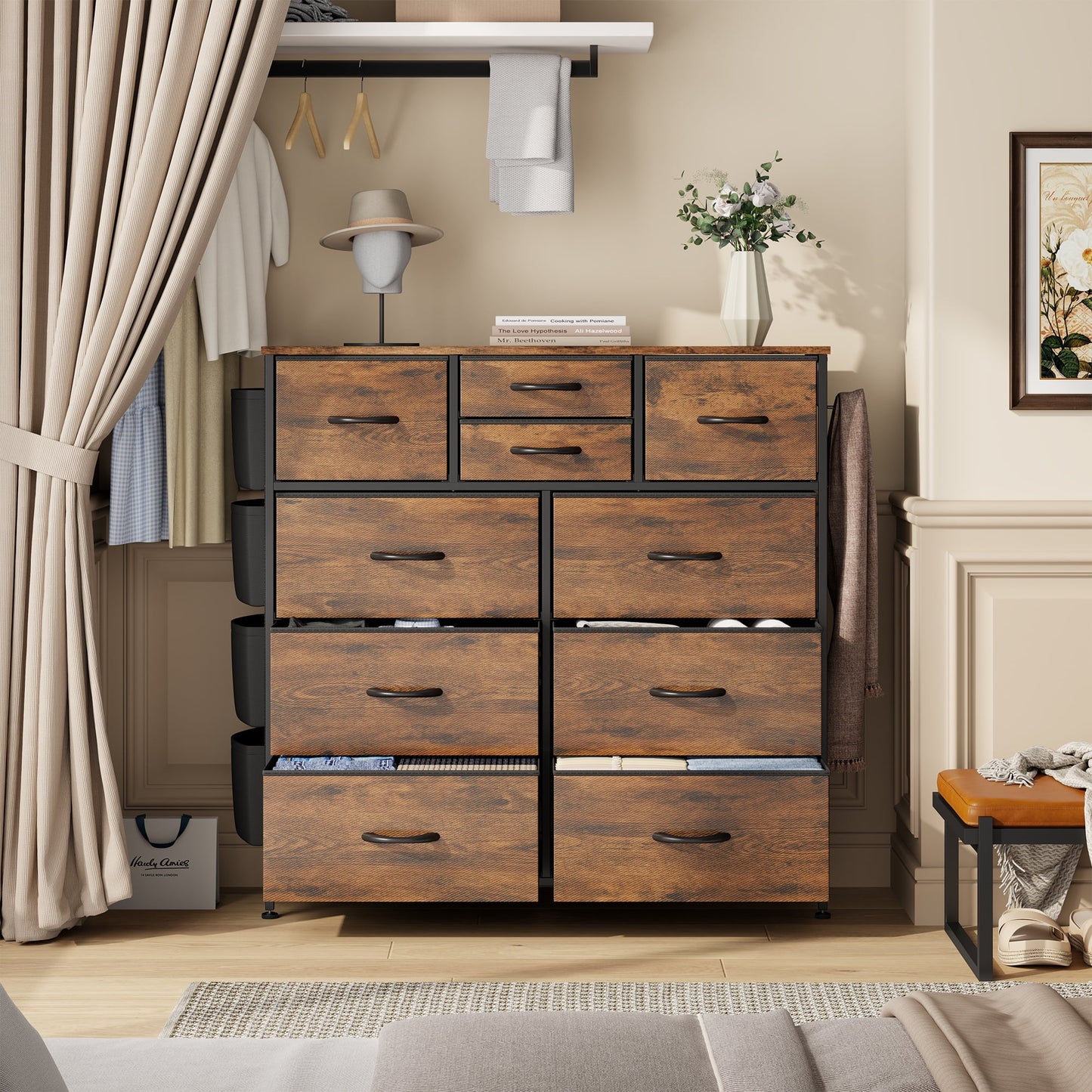 Dresser for Bedroom, Storage Organizer with 10 Drawers, Chest of Drawers with Fabric Bins, Sturdy Metal Frame, Wood Tabletop for Guest Room, Closet, Entryway,Brown