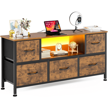 TV Stand Dresser with Power Outlets and LED Lights, 5 Drawer Console for 50 Inch TV, Dresser for Bedroom, Closet, Hallway