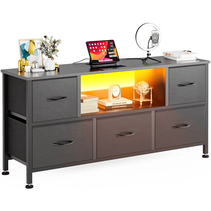 TV Stand Dresser with Power Outlets and LED Lights, 5 Drawer Console for 50 Inch TV, Dresser for Bedroom, Closet, Hallway