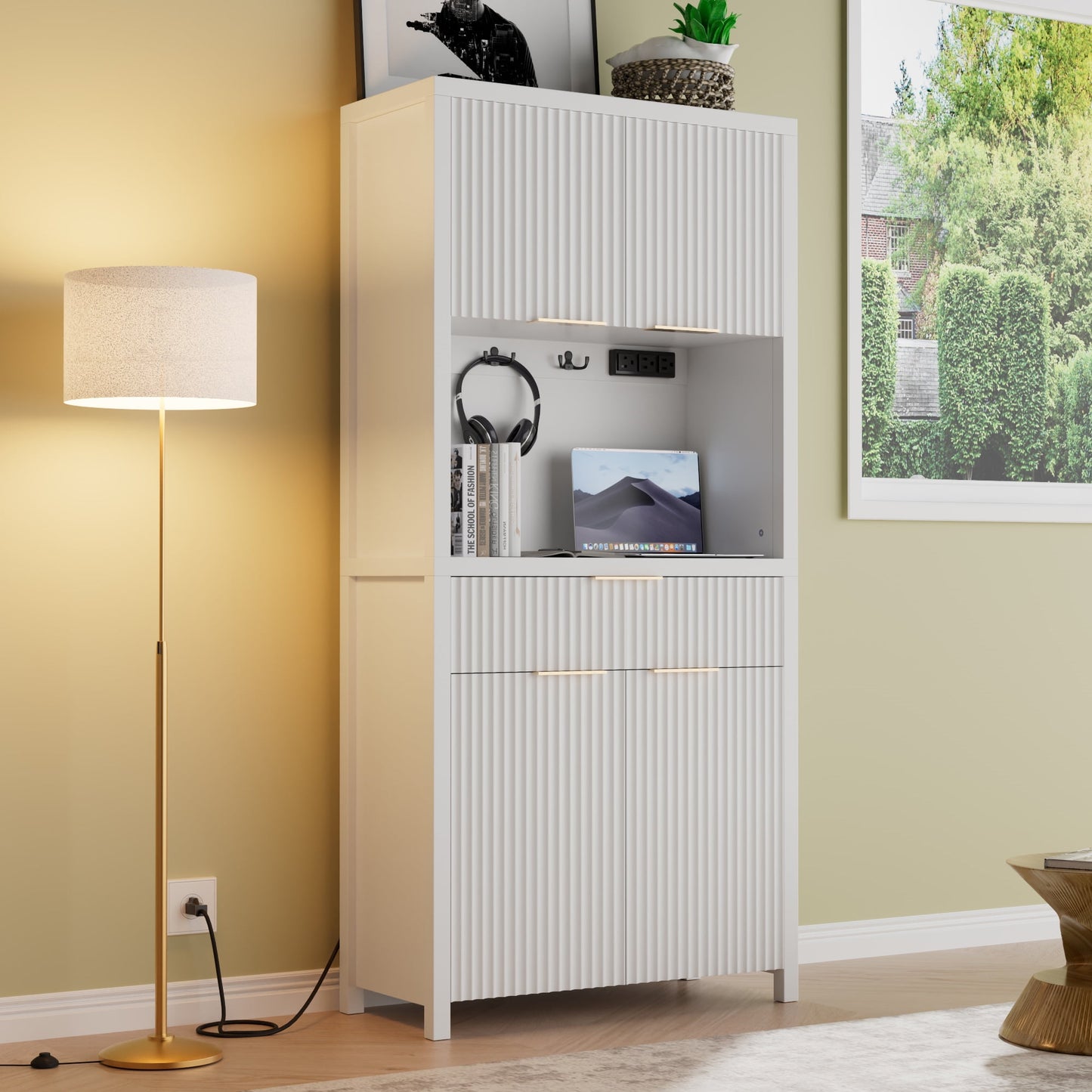 Laintene Pantry Storage Cabinet with Charging Station, Tall Kitchen Pantry with Microwave Shelves, Fluted Storage Cabinet with Open Countertop and Drawer for Dining Living Room, White