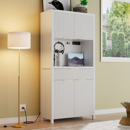 Laintene Pantry Storage Cabinet with Charging Station, Tall Kitchen Pantry with Microwave Shelves, Fluted Storage Cabinet with Open Countertop and Drawer for Dining Living Room, White
