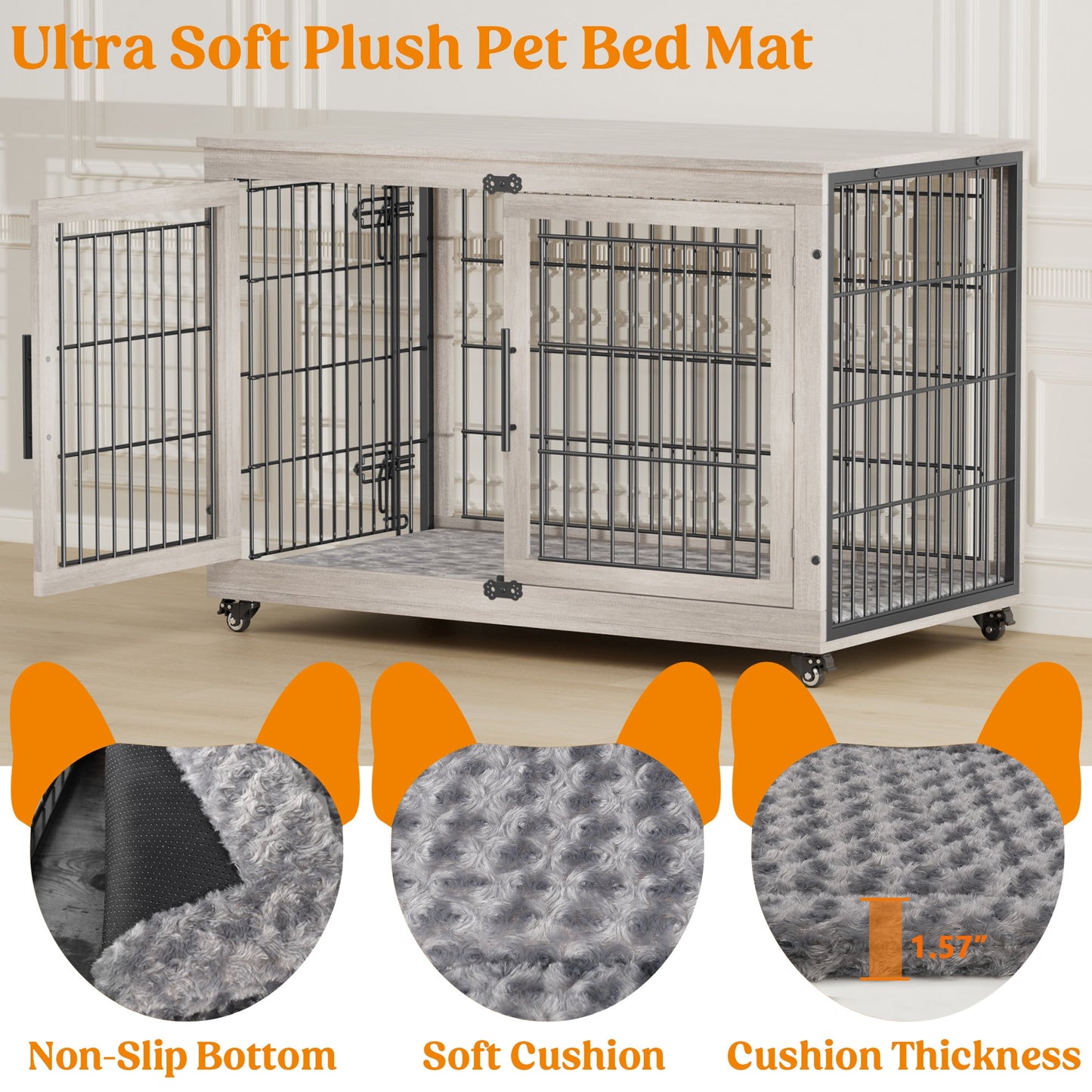 Laintene Dog Crate Furniture, Indoor Dog Kennels with Wheels and Pads, Pet House for XL Dogs, Gray