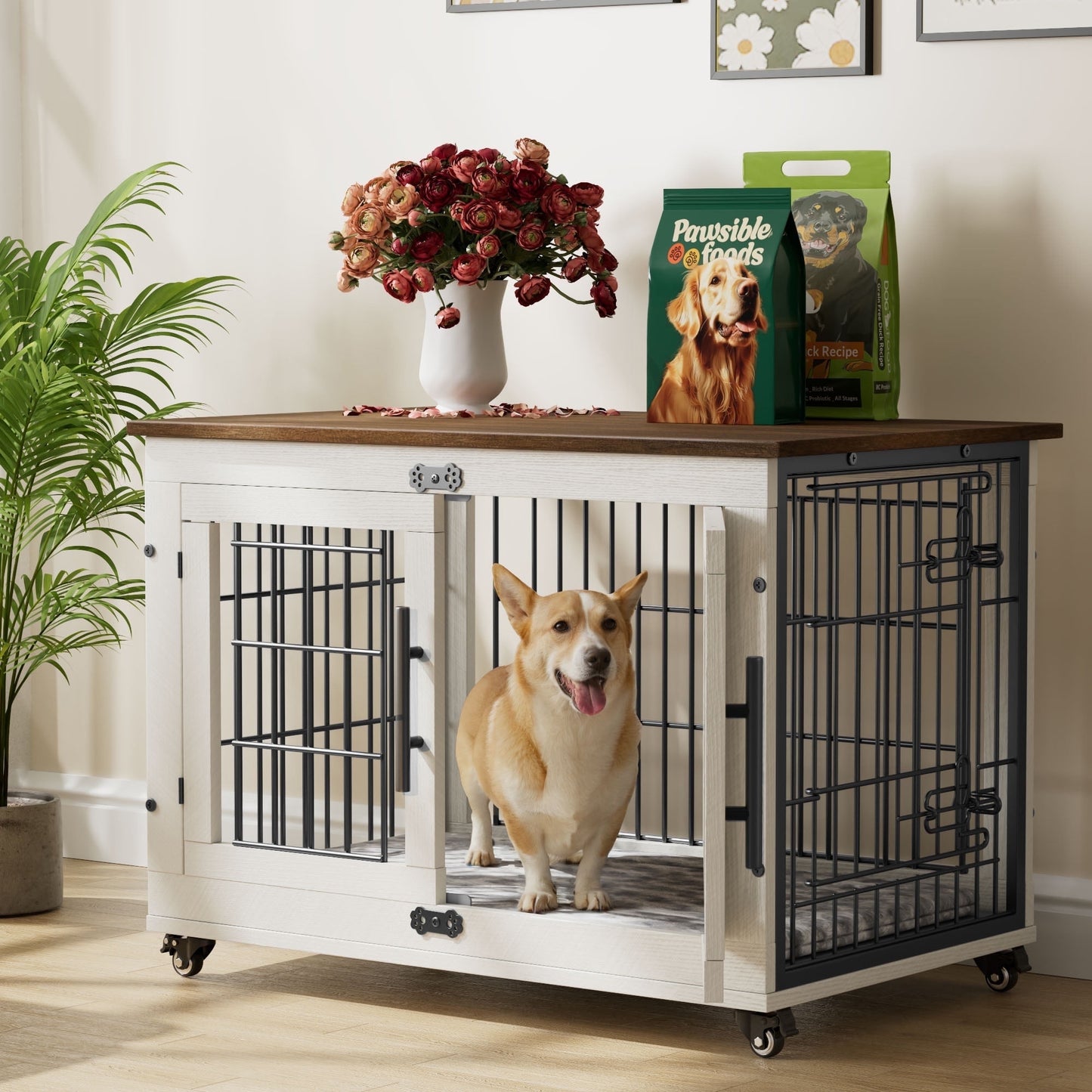 LainTene Dog Crate Furniture, Dog Kennels for Inside with Pads and Wheels, Heavy Duty Pet House for Small Medium Dogs, White