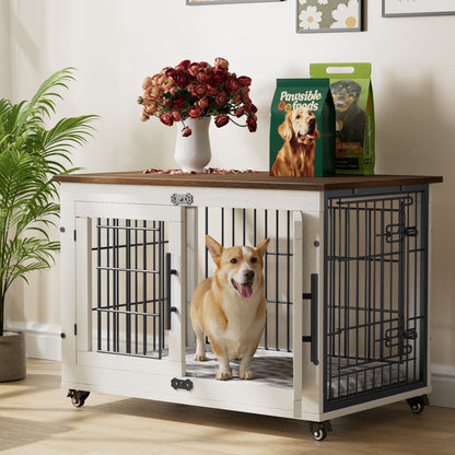 LainTene Dog Crate Furniture, Dog Kennels for Inside with Pads and Wheels, Heavy Duty Pet House for Small Medium Dogs, White