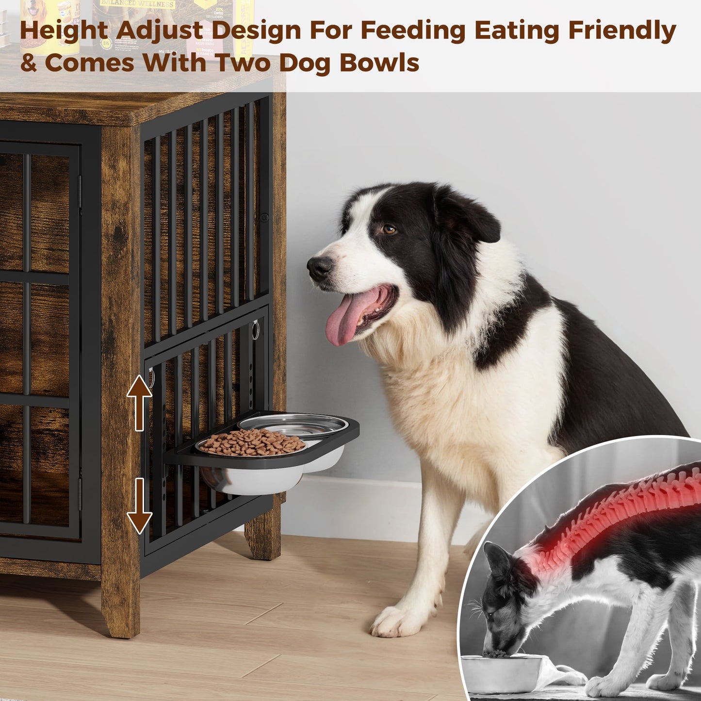 Laintene Dog Crate with Bowls, Heavy Duty Wooden Dog Crate Furniture, 37.7" Indoor Dog Kennels for Large Dogs, Brown