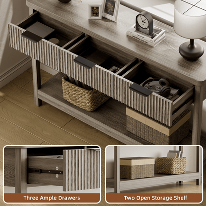 Laintene Fluted Console Table, 51" Narrow Entryway Table with 3 Drawers, Console Table Sofa Table with Storage Open Shelf, Modern Display Shelf for Hallway Living Room, Gray Oak