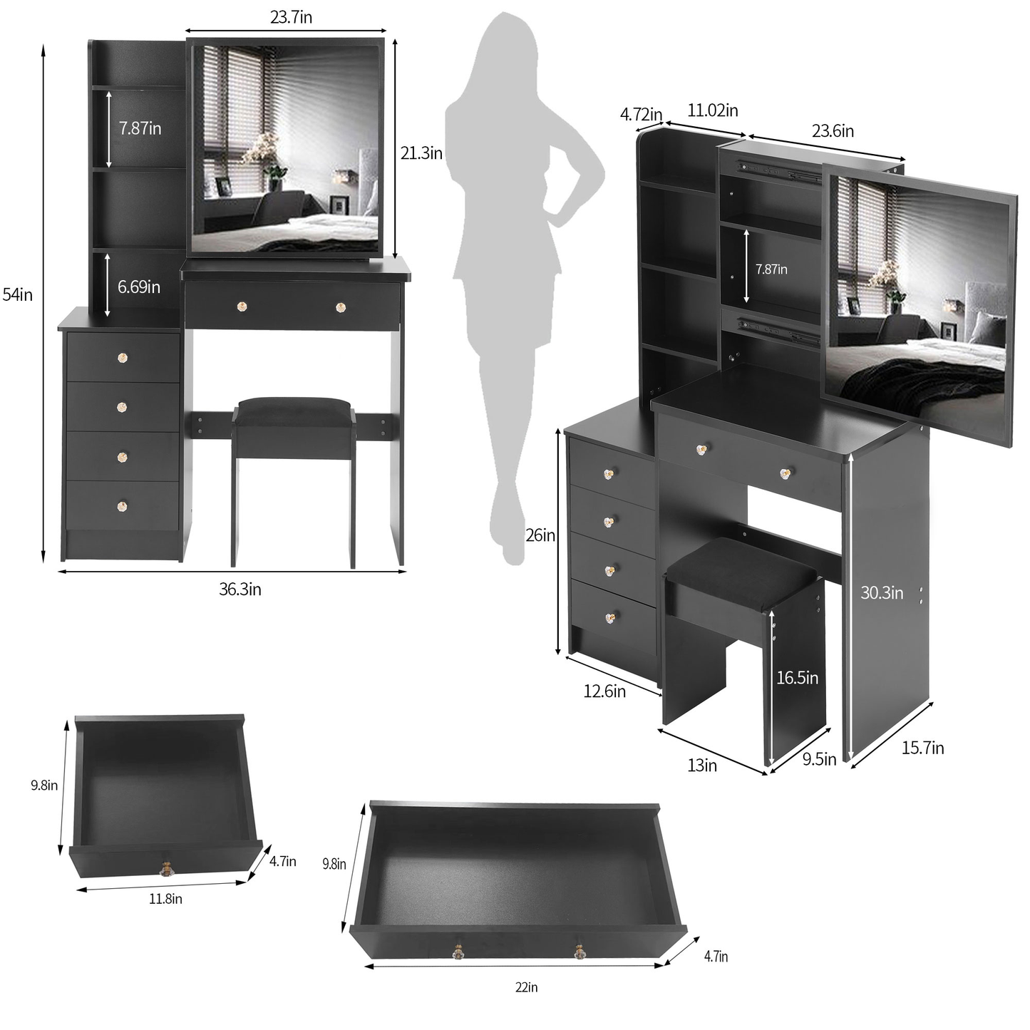 LainTene 37" Dressing Table Set with Sliding Mirror & Stool, Rustic Vanity Desk for Bedroom, Spacious Storage Drawers and Glass Top