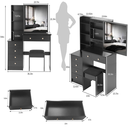 LainTene 37" Dressing Table Set with Sliding Mirror & Stool, Rustic Vanity Desk for Bedroom, Spacious Storage Drawers and Glass Top