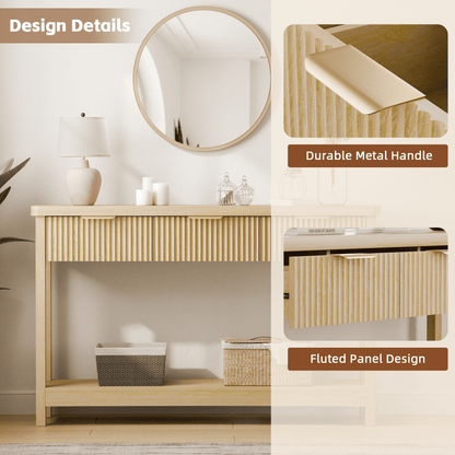 Laintene Fluted Console Table, 51" Narrow Entryway Table with 3 Drawers, Console Table Sofa Table with Storage Open Shelf, Modern Display Shelf for Hallway Living Room, Natural Oak