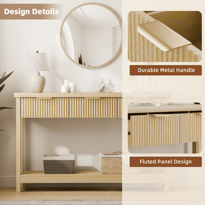 Laintene Console Table for Entryway, 51" Fluted Sofa Table with 3 Drawers and Open Shelf, Modern Narrow Display Shelf for Hallway Living Room, Natural Oak Set of 2