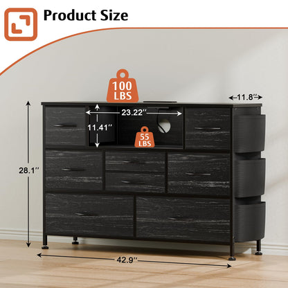 Laintene 8 Drawer Dresser, Black Dresser with Power Outlets LED Lights, Fabric Dressers for Bedroom TV Stand with Side Pocket, Chest of Drawers for up to 50" TV