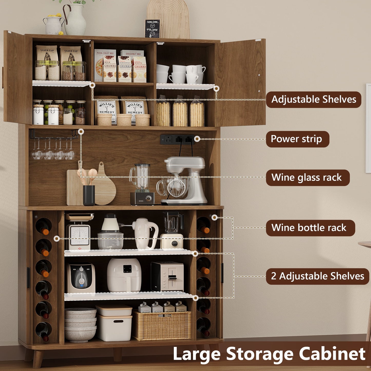 Laintene Kitchen Pantry Cabinet with Wine Rack, Storage Cabinet with Tambour Sliding Doors and Outlet, Bar Cabinet with Glass Holder, Pantry Storage for Living Room, Kitchen, Entryway, Walnut