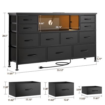 Laintene TV Stand 60 inch, Dresser for Bedroom with LED Lights Power Outlets, 11 Drawer Dresser TV Stands for Living Room, Fabric Chest of Drawers, Black
