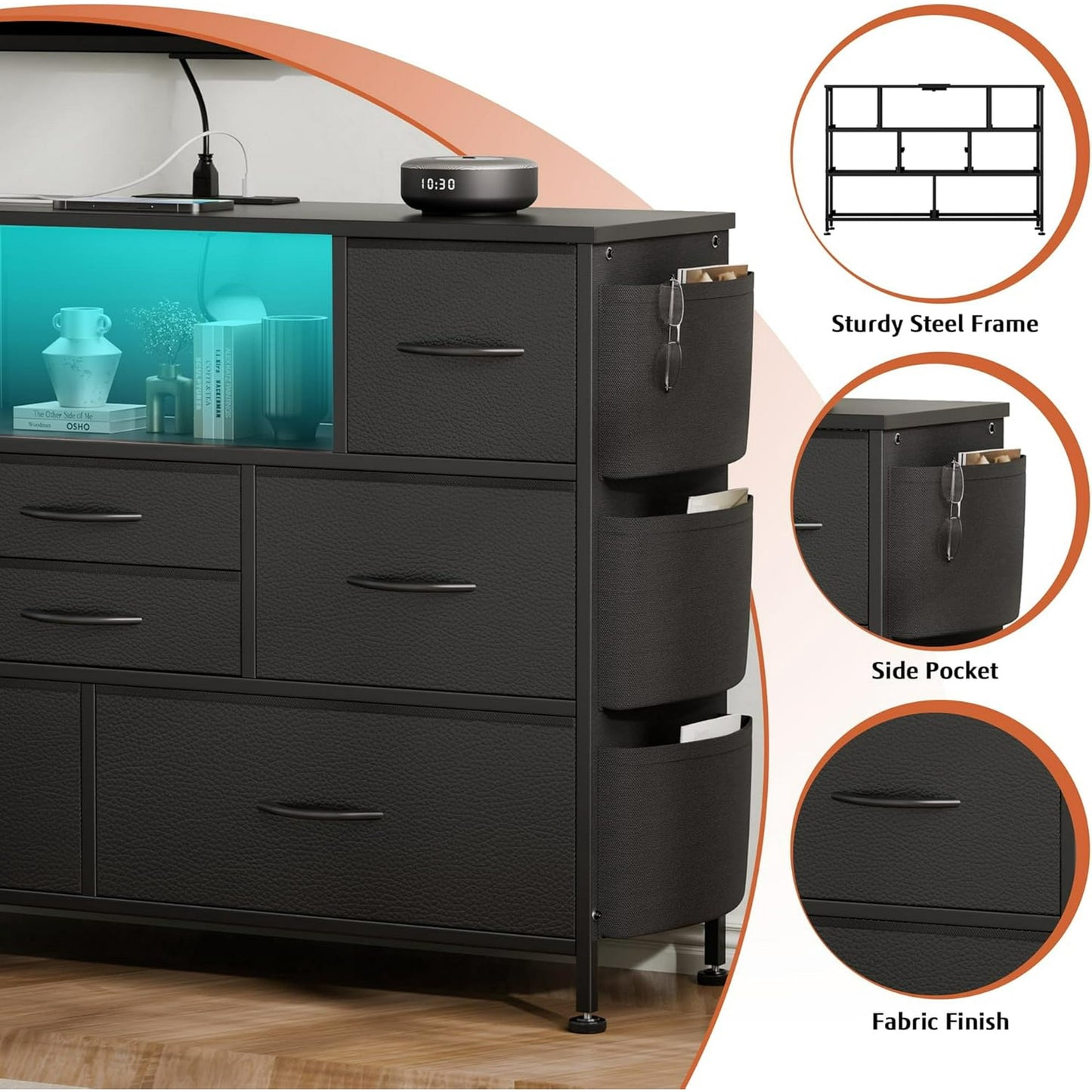 Laintene 8 Drawer Dresser, Black Dresser with Power Outlets LED Lights, Fabric Dressers for Bedroom TV Stand with Side Pocket, Chest of Drawers for up to 50" TV