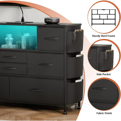 Laintene 8 Drawer Dresser, Black Dresser with Power Outlets LED Lights, Fabric Dressers for Bedroom TV Stand with Side Pocket, Chest of Drawers for up to 50" TV
