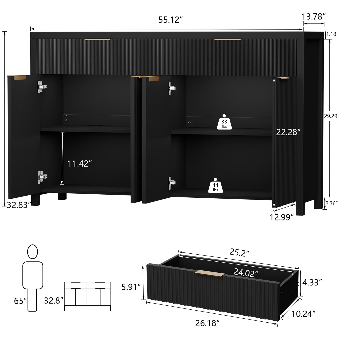 Buffet Cabinet with 2 Drawers, 55" Storage Cabinet with Fluted Panel Doors, Adjustable Shelves for Kitchen, TV Stands for Living Room, Entryway, Black