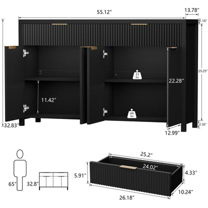 Buffet Cabinet with 2 Drawers, 55" Storage Cabinet with Fluted Panel Doors, Adjustable Shelves for Kitchen, TV Stands for Living Room, Entryway, Black