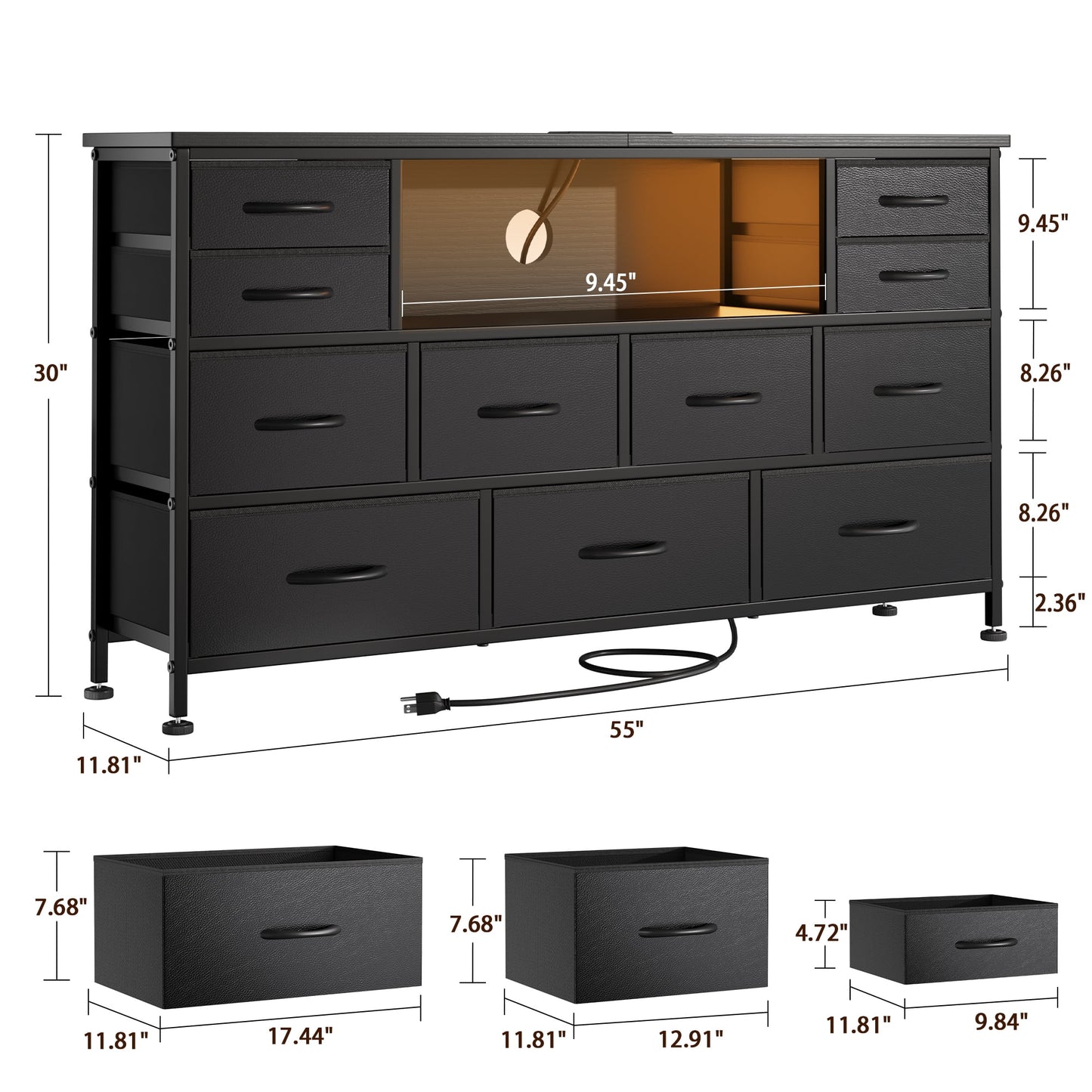 Laintene TV Stand 60 inch, Dresser for Bedroom with LED Lights Power Outlets, 11 Drawer Dresser TV Stands for Living Room, Fabric Chest of Drawers, PU Black