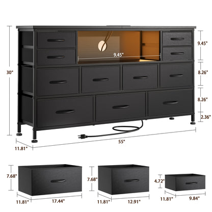 Laintene TV Stand 60 inch, Dresser for Bedroom with LED Lights Power Outlets, 11 Drawer Dresser TV Stands for Living Room, Fabric Chest of Drawers, PU Black