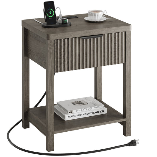 Laintene Fluted Nightstand with Charging Station - Modern Bedside Table with Drawer & Open Shelf, 2 AC Outlets + USB &Type-C for Bedroom & Living Room, Dark Grey Oak