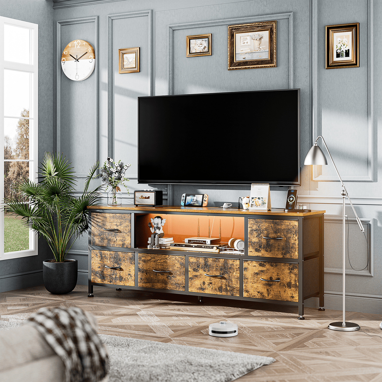 TV Stand Dresser with Power Outlets and LED Lights, 6 Drawer Console for 60 Inch TV, Dresser for Bedroom, Closet, Hallway